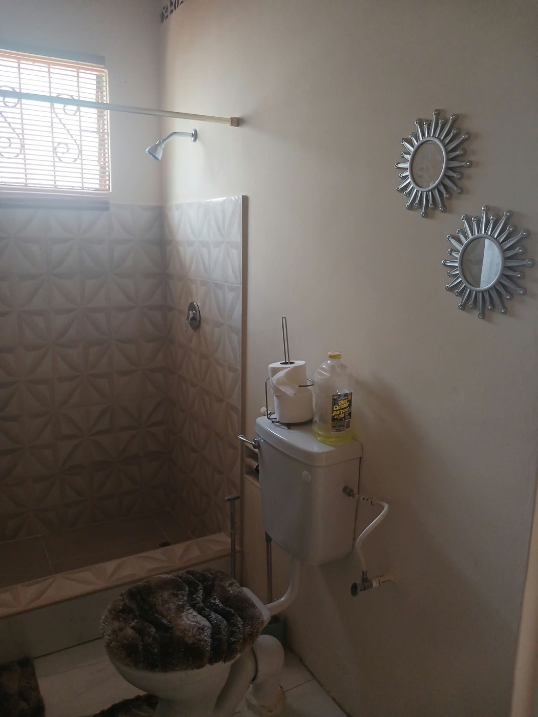 Walk-in shower with sculpted white feature tile