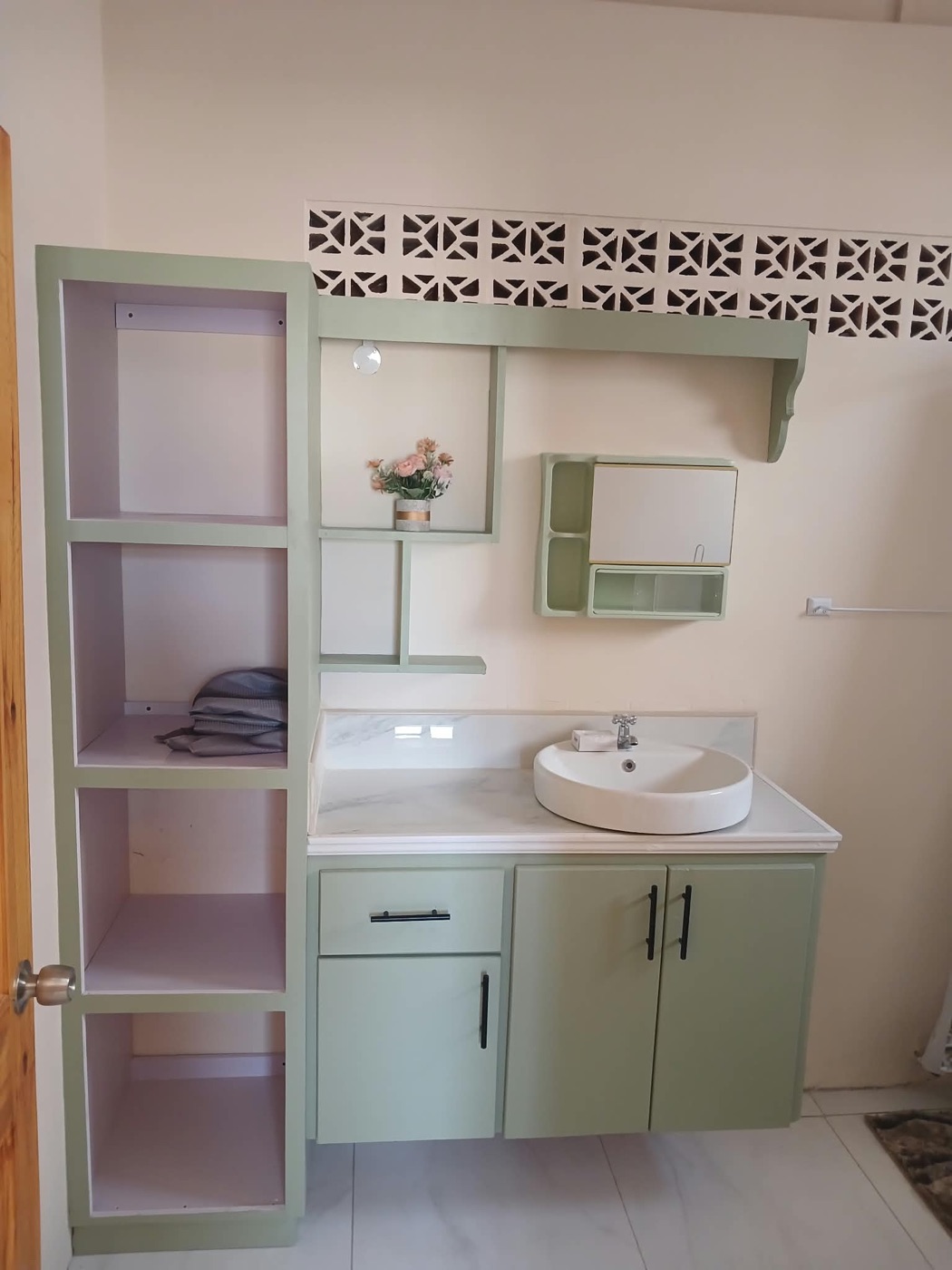 Apartment 1 bathroom vanity in sage green