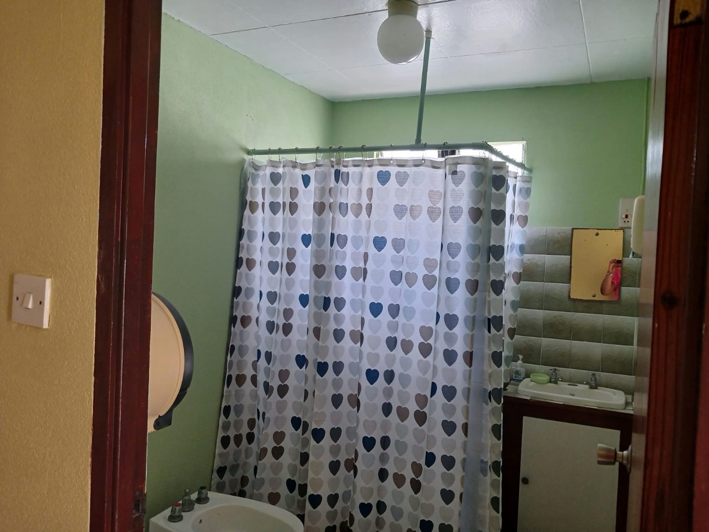 Bathroom with walk-in shower, basin and mirror